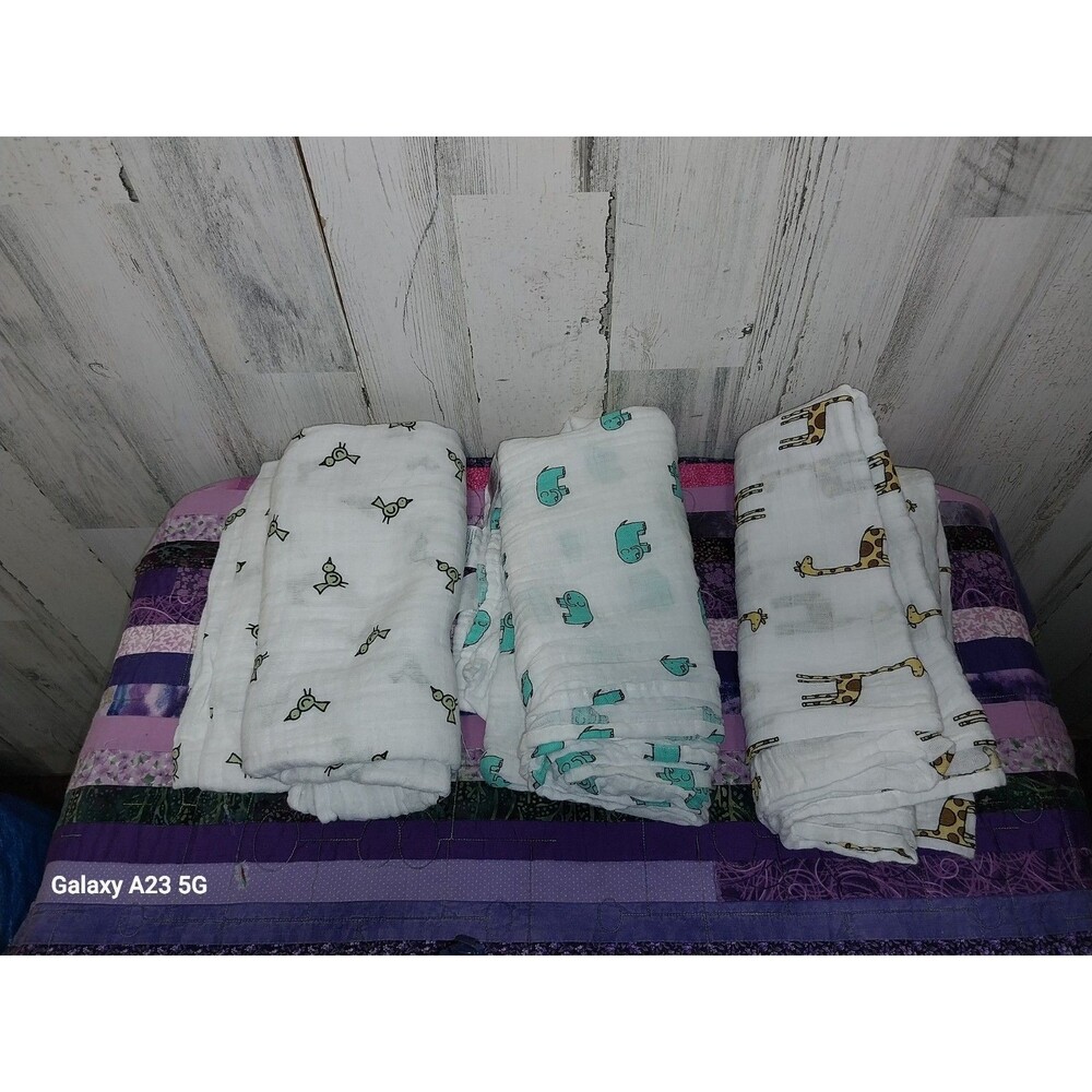 Aden + Anais Muslin Swaddle Blankets (3) Bird, Giraffe, Elephant 100% Cotton